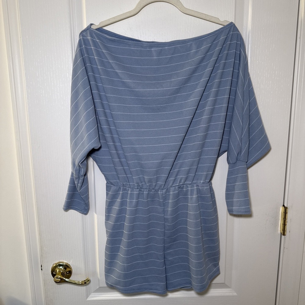 Fashion Nova Lazy Day Romper M NWT Blue White Stripe Bell Sleeve Ribbed Shorts